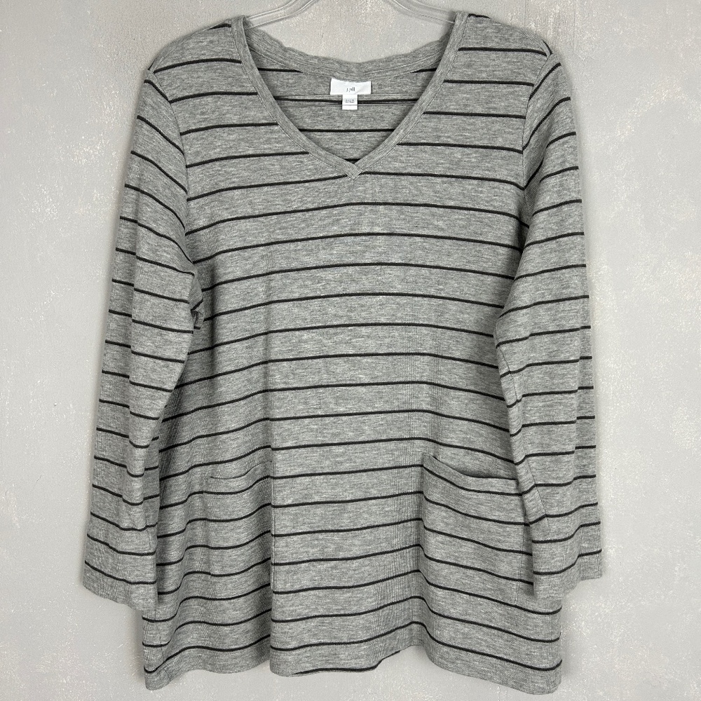 J. Jill size XL tunic top gray striped v-neck micro waffle knit patch pockets